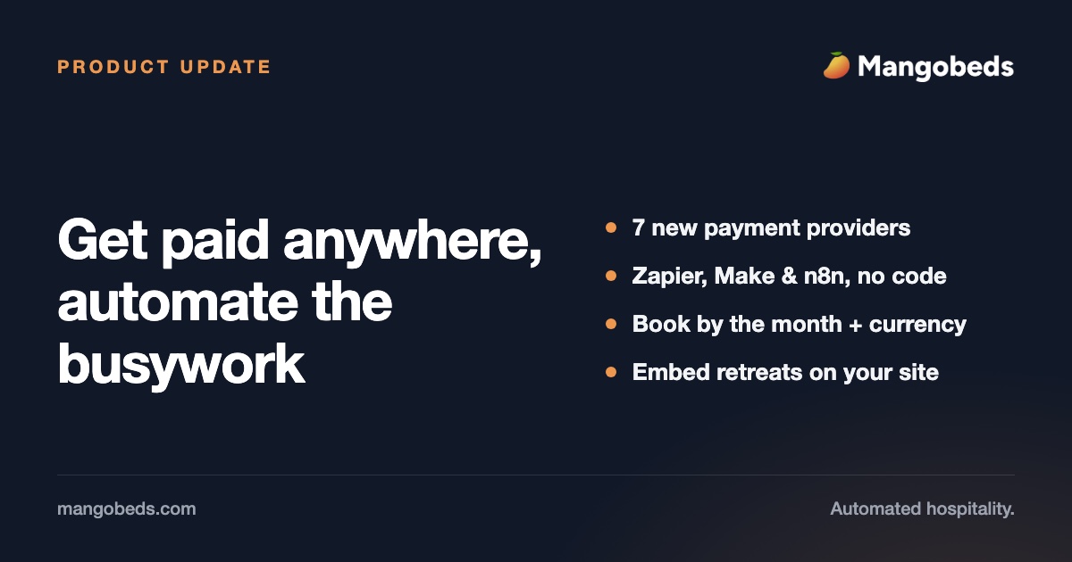 New payment integrations, no-code automation and booking updates in Mangobeds